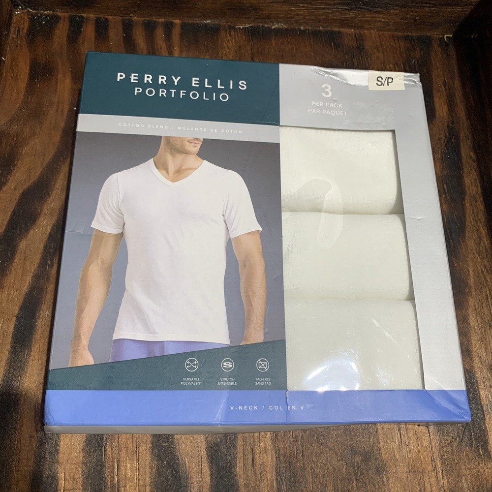NIB Perry Ellis Portfolio 3-Pack Men's V-Neck Tees - White - Size‎ Small